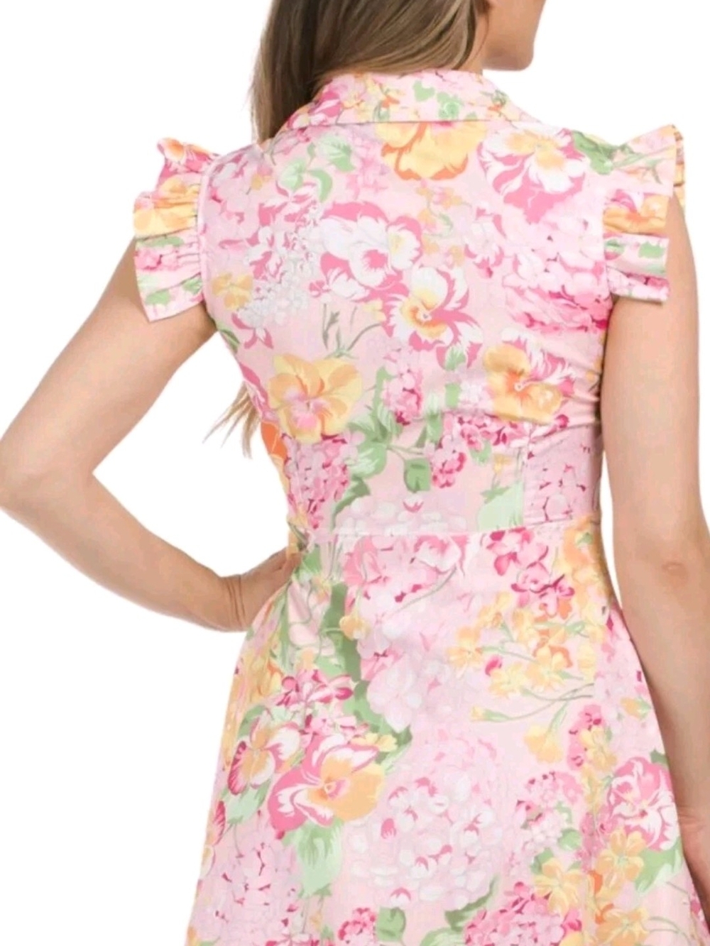 Nwt Large & Medium Dalia Macphee Pink Floral Midi Dress with Collar & Ruffle - Picture 8 of 17